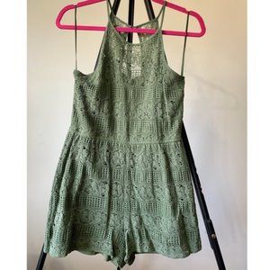 Pink Rose Green Lace Romper